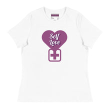 Load image into Gallery viewer, White t-shirt with a purple heart-shaped logo and 'Self Love' text on a white background