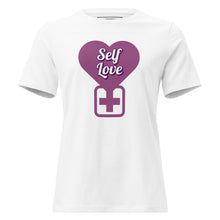 Load image into Gallery viewer, White t-shirt with a purple heart graphic and 'Self Love' text on a white background