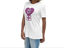 Load image into Gallery viewer, Woman wearing a white t-shirt with a purple heart design and text on a white background