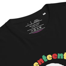 Load image into Gallery viewer, Black t-shirt with Juneteenth colorful text and TASHA brand logo on a white background