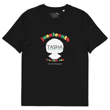 Load image into Gallery viewer, Black t-shirt with colorful 'Juneteenth' design featuring a TASHA branded logo and text on a white background
