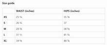 Load image into Gallery viewer, A size guide table showing waist and hips measurements in inches for sizes XS through XL.