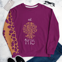 Load image into Gallery viewer, Purple sweatshirt with leopard print design and 'est. 1975' handwritten text.