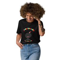 Load image into Gallery viewer, woman wearing a black t-shirt with Juneteenth text and light blue jeans on a white background