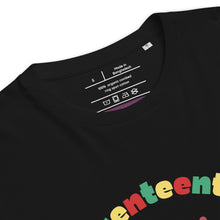 Load image into Gallery viewer, Black t-shirt with colorful Juneteenth text and a visible label on the collar.