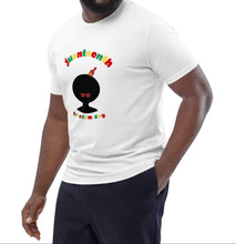 Load image into Gallery viewer, Man wearing a white t-shirt with a Afro design and Juneteenth on a white background