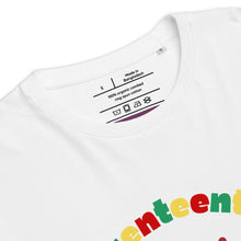 Load image into Gallery viewer, White t-shirt with colorful Juneteenth text and garment information label on a white background