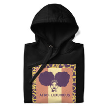 Load image into Gallery viewer, Black hoodie with &#39;Afro-Luxurious&#39; design on a white background
