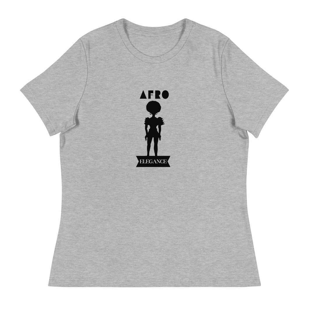 Women's heather grey relaxed fit t-shirt with 'AFRO Elegance' text and silhouette design on the front.