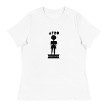 Load image into Gallery viewer, Women&#39;s white relaxed fit t-shirt with &#39;AFRO Elegance&#39; text and silhouette design on the front.
