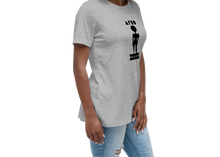 Load image into Gallery viewer, Woman wearing a gray t-shirt with &#39;AFRO Elegance&#39; text and silhouette design on the front.
