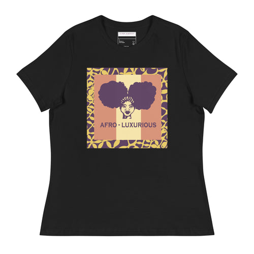 Relaxed fit black t-shirt with a graphic print in the center that reads 'AFRO - LUXURIOUS' surrounded by a purple and yellow pattern.