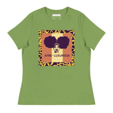 Load image into Gallery viewer, Relaxed fit green t-shirt with a graphic print in the center that reads &#39;AFRO - LUXURIOUS&#39; surrounded by a purple and yellow pattern.
