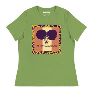 Relaxed fit green t-shirt with a graphic print in the center that reads 'AFRO - LUXURIOUS' surrounded by a purple and yellow pattern.
