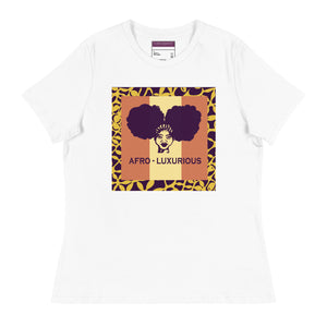 Relaxed fit white  t-shirt with a graphic print in the center that reads 'AFRO - LUXURIOUS' surrounded by a purple and yellow pattern.