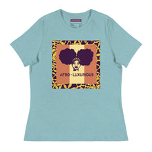 Load image into Gallery viewer, Light blue t-shirt with an &#39;Afro-Luxurious&#39; graphic design on a white background
