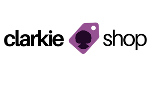 Logo of 'clarkie shop' with a purple tag and silhouette on a white background