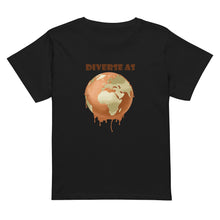 Load image into Gallery viewer, Black t-shirt with a graphic design of Earth melting and text &quot;DIVERSE AS&quot; on a white background
