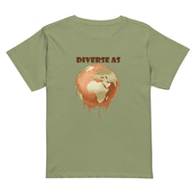 Load image into Gallery viewer, Army green t-shirt with a graphic design of Earth melting and text &quot;DIVERSE AS&quot; on a white background
