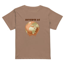 Load image into Gallery viewer, Khaki t-shirt with a graphic design of Earth melting and text &quot;DIVERSE AS&quot; on a white background
