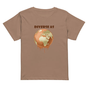 Khaki t-shirt with a graphic design of Earth melting and text "DIVERSE AS" on a white background