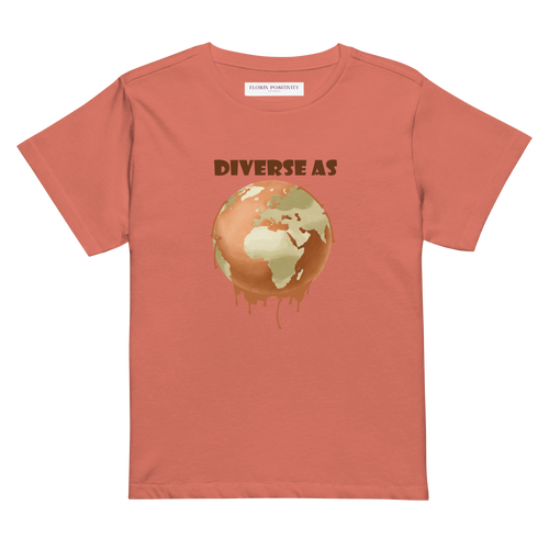 Coral t-shirt with a graphic of a melting planet Earth and the word 'DIVERSE' on a white background.