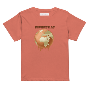 Coral t-shirt with a graphic of a melting planet Earth and the word 'DIVERSE' on a white background.