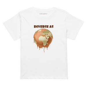 White t-shirt with a graphic of a melting Earth and 'DIVERSE AS' text on a white background