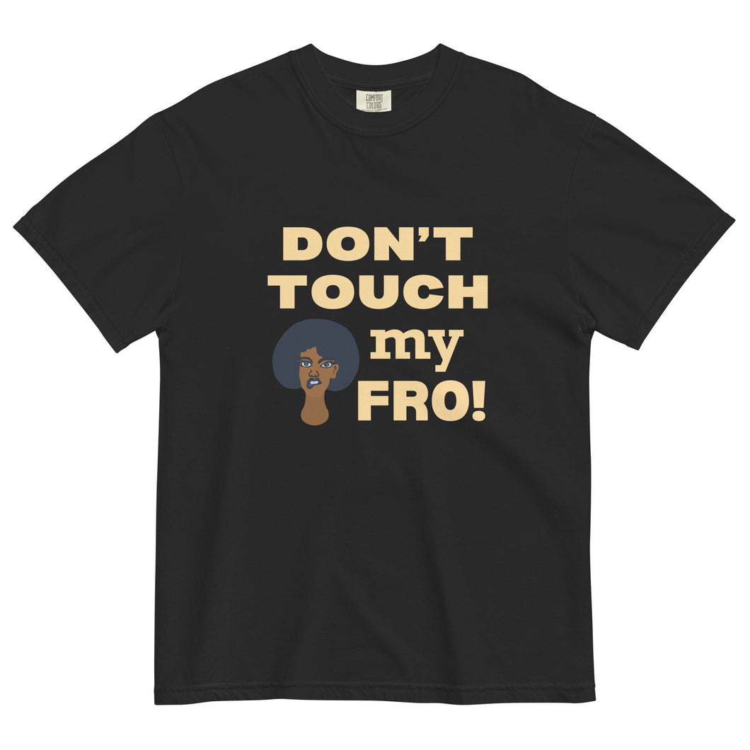  Don’t Touch My Fro Hoodie by ClarkieShop — bold graphic afro design celebrating natural hair and self-respect. Purple t-shirt with 'Don't Touch My Fro!' text and graphic.