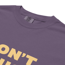 Load image into Gallery viewer,  Don’t Touch My Fro t-shirt by ClarkieShop — bold graphic afro design celebrating natural hair and self-respect. Purple shirt with yellow text.
