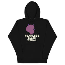 Load image into Gallery viewer,  Fearless Black Woman hoodie by ClarkieShop featuring bold afro silhouette and empowering typography. Black hoodie with a purple silhouette and 'Fearless Black Woman' text.
