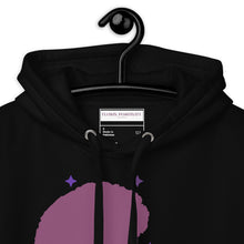 Load image into Gallery viewer, Fearless Black Woman T-Shirt by ClarkieShop featuring bold afro silhouette and empowering typography. Black hoodie with a purple design on a hanger, featuring  FLOWIN POSITIVITY label.

