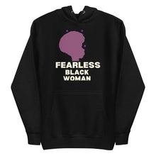 Load image into Gallery viewer,  Fearless Black Woman hoodie by ClarkieShop featuring bold afro silhouette and empowering typography. Black hoodie with a purple silhouette and 'Fearless Black Woman' text.
