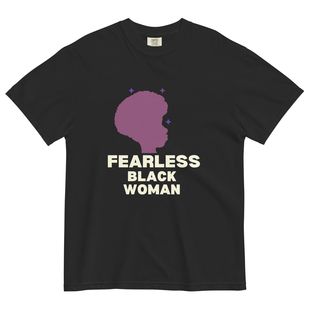  Fearless Black Woman T-Shirt by ClarkieShop featuring bold afro silhouette and empowering typography. Black t-shirt with a purple silhouette and 'Fearless Black Woman' text.
