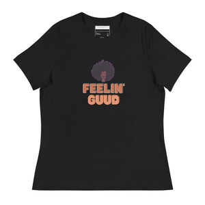 Black t-shirt with 'FEELIN GUUD' text and graphic on a white background