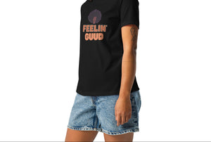 Woman wearing a black t-shirt with 'FEELIN GUUD' text on a white background