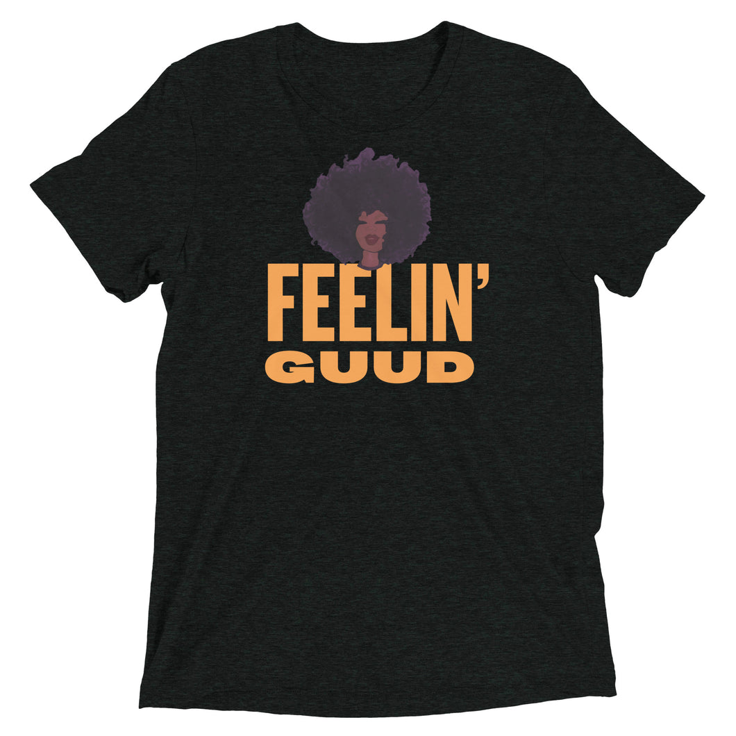 Radiate good energy in the Feelin’ Guud tee —soft, joyful, and stylish essentials that keep your vibe lifted all day. Black t-shirt with 'Feelin' Guud' text and afro graphic.
