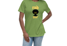 Load image into Gallery viewer, Woman wearing a green t-shirt with &#39;Fro Sho&#39; design on a white background
