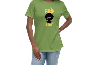 Woman wearing a green t-shirt with 'Fro Sho' design on a white background