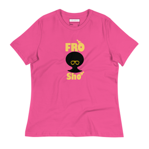 Pink t-shirt with 'Fro Sho' graphic design on a white background
