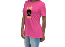 Load image into Gallery viewer, A woman wearing a pink relaxed fit t-shirt with a crew neck and short sleeves, featuring the text &#39;FRO SHO&#39; in yellow and black.
