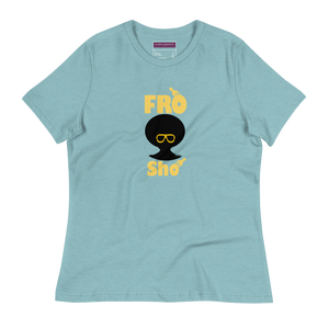Light blue t-shirt with a graphic design of a person with a afro and text, 'FRO SHO' on a white background