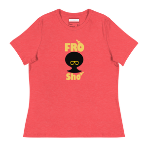 Red t-shirt with 'Fro Sho' graphic design on a white background