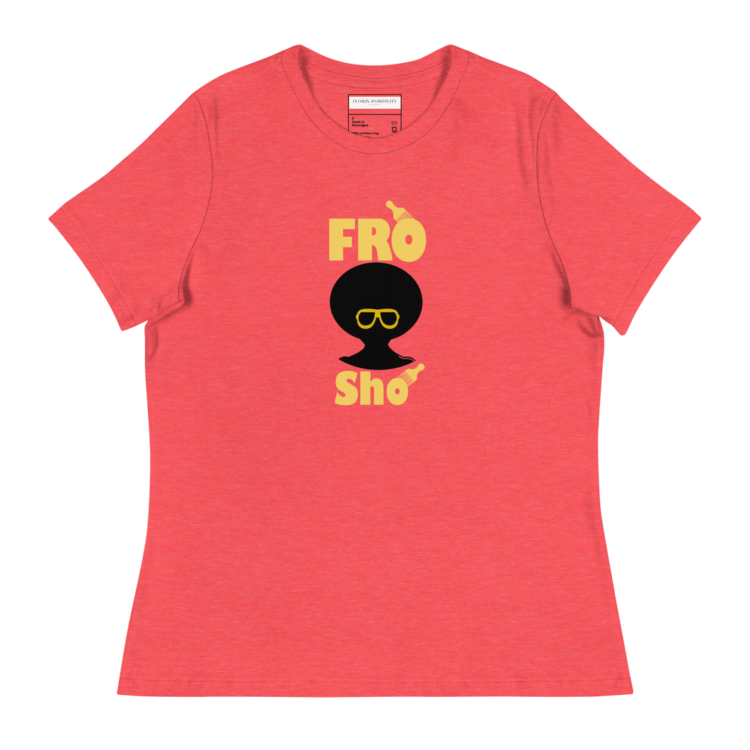 Red t-shirt with 'Fro Sho' graphic design on a white background