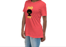 Load image into Gallery viewer, A woman wearing a red relaxed fit t-shirt with a crew neck and short sleeves, featuring the text &#39;FRO SHO&#39; in yellow and black.
