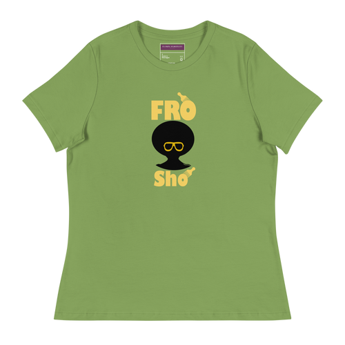 Green t-shirt with 'Fro Sho' graphic design on a white background