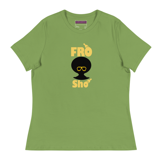 Green t-shirt with 'Fro Sho' graphic design on a white background