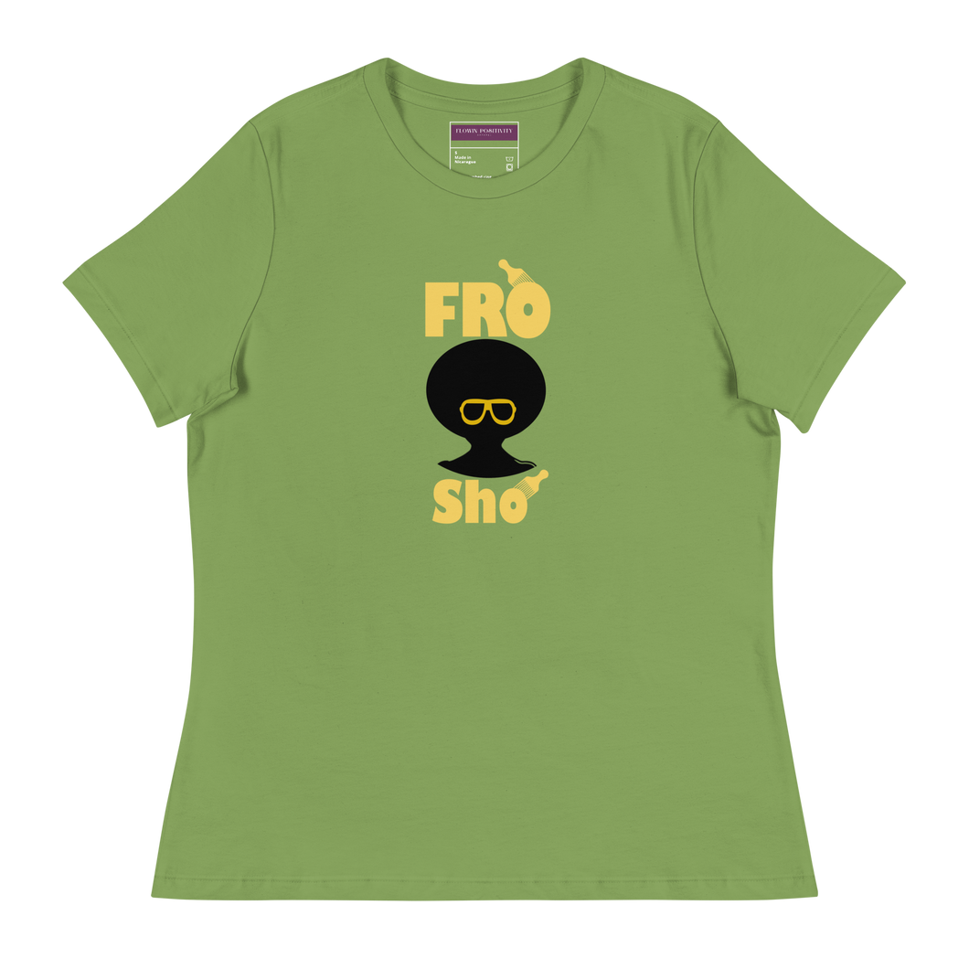 Green t-shirt with 'Fro Sho' graphic design on a white background