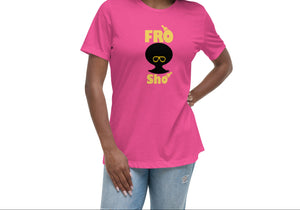 A woman wearing a pink relaxed fit t-shirt with a crew neck and short sleeves, featuring the text 'FRO SHO' in yellow and black.