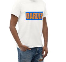 Load image into Gallery viewer, Man wearing a white t-shirt with 'GARDEN' printed on it against a white background
